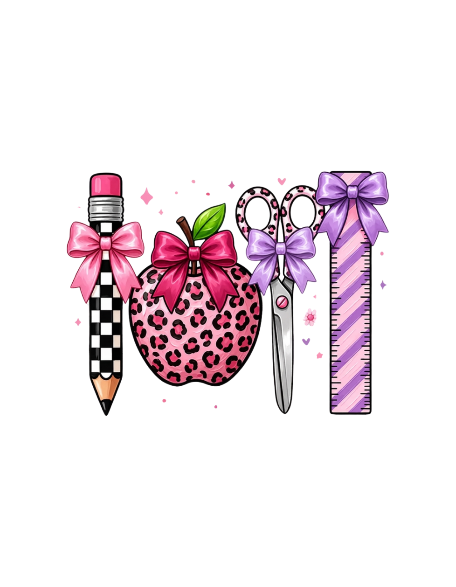 School supplies graphic tee design with checkered pencil, leopard apple, scissors and ruler
