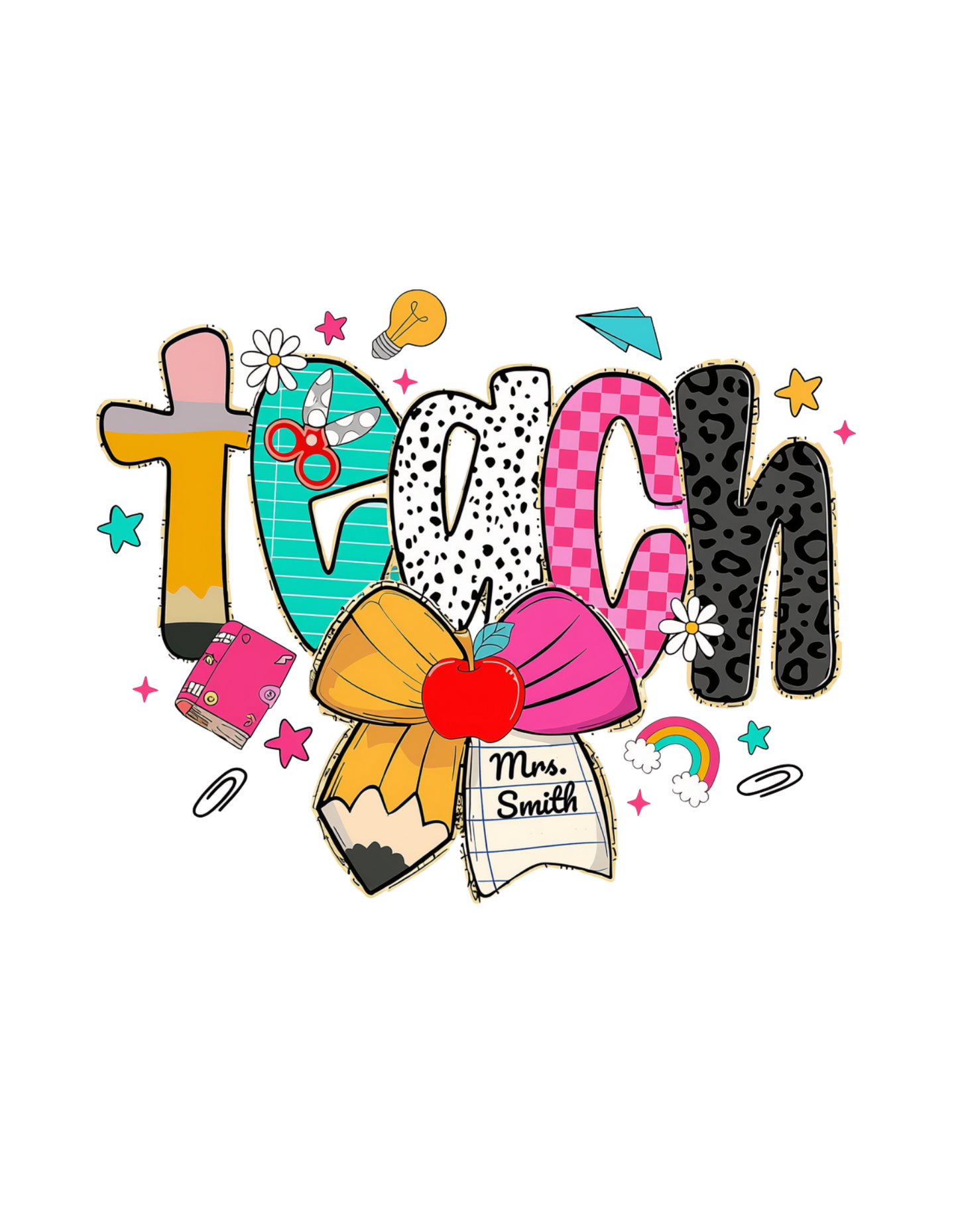 Teach custom name graphic tee design with mixed pattern letters