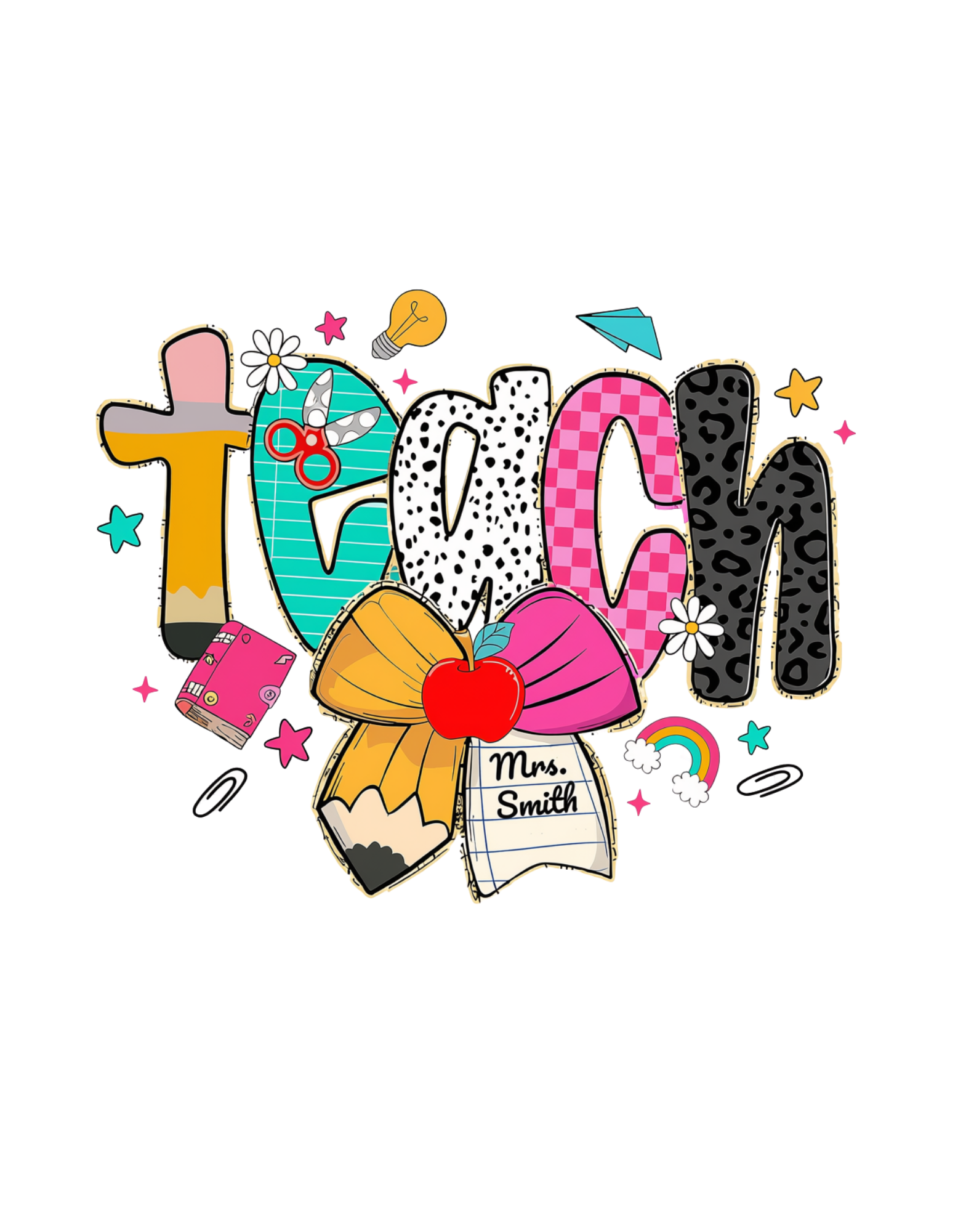 Teach custom name graphic tee design with mixed pattern letters