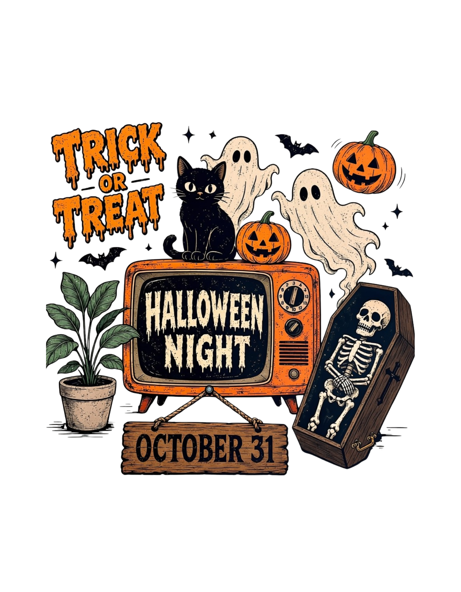Trick or Treat retro TV Halloween DTF transfer design