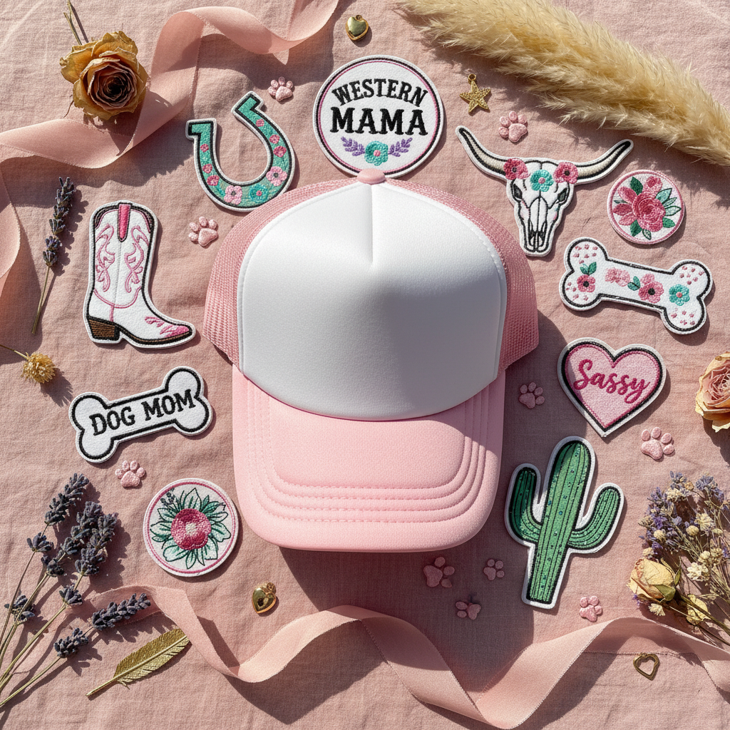White & Pink Western Trucker Hat with Patches