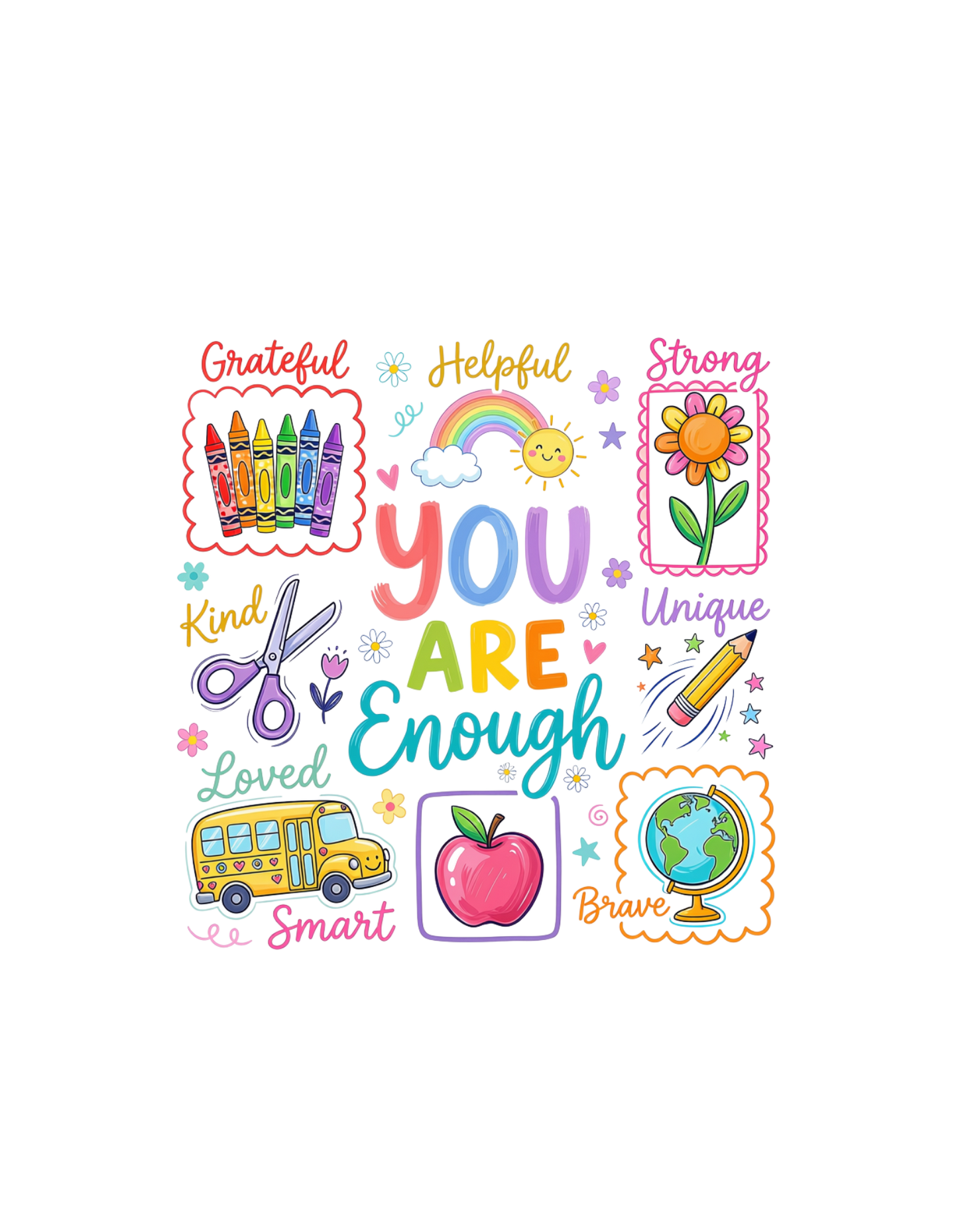 You Are Enough graphic tee design with school doodles and affirmations