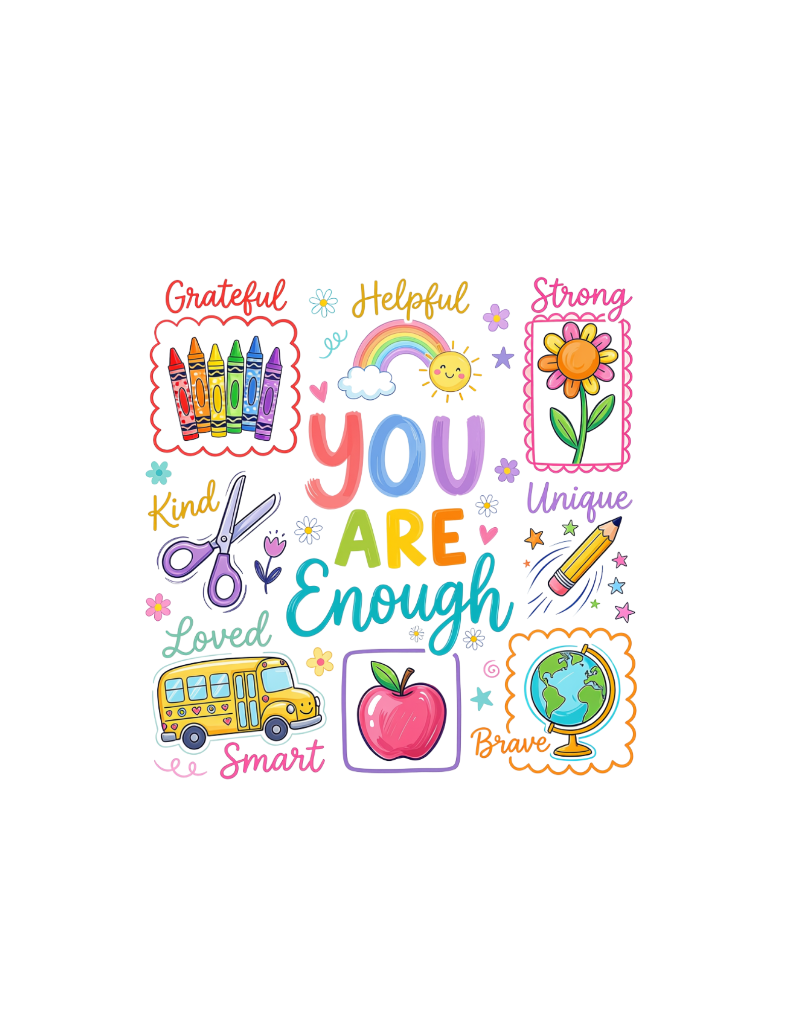 You Are Enough graphic tee design with school doodles and affirmations